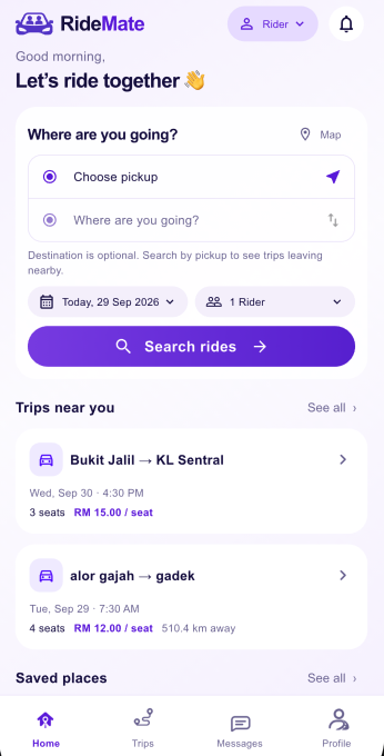 RideMate Rider app home screen with journey search and nearby rides