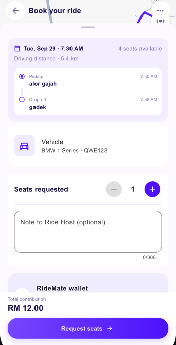RideMate Rider app booking screen for selecting seats and adding a note