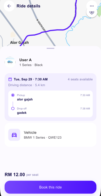 RideMate Rider app ride details showing the route, vehicle and contribution