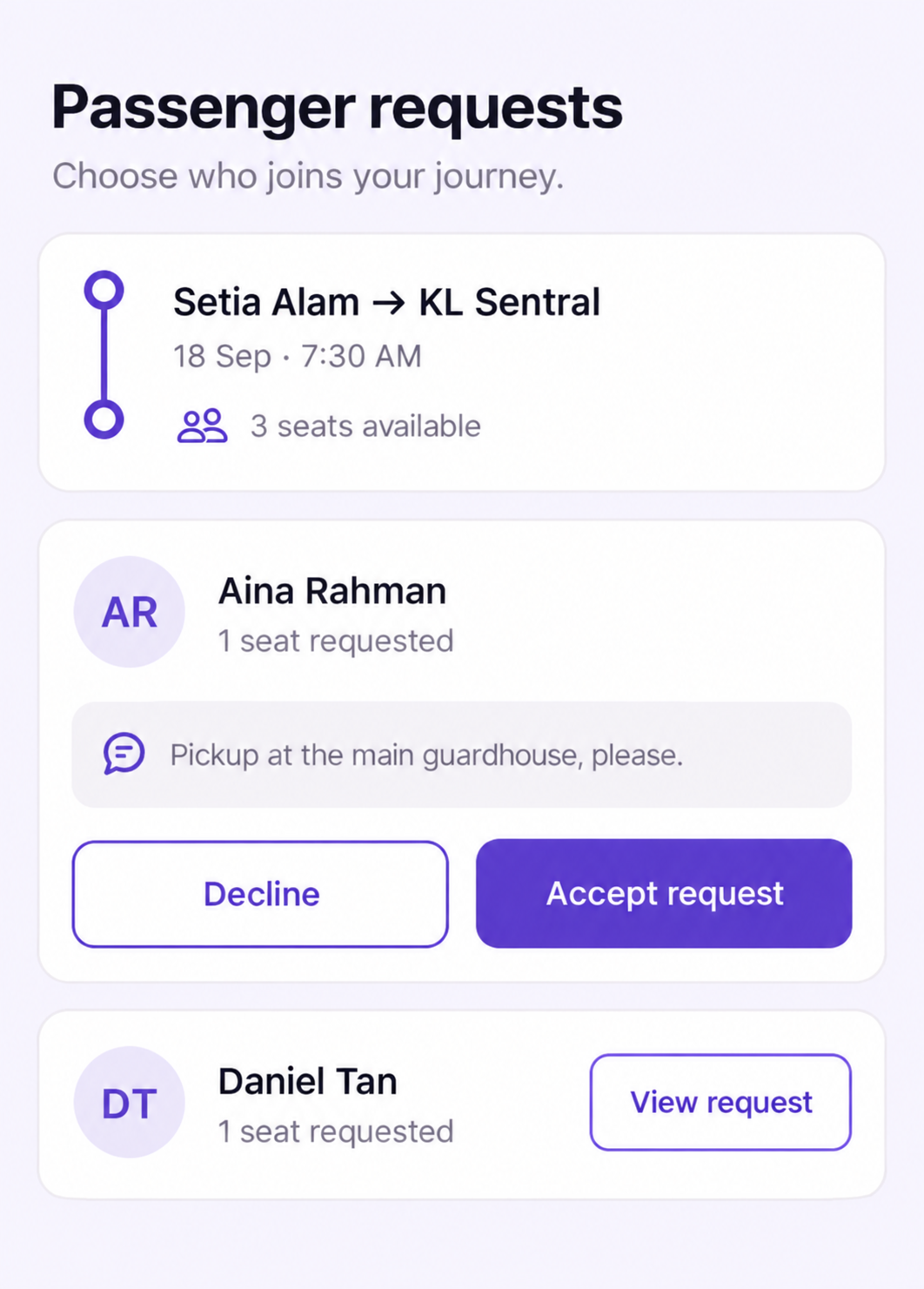 Illustrative RideMate Ride Host app screen: review Rider requests and accept a seat request